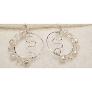 Handmade Silver Tone Wire Hoop Earrings with Clear Beads